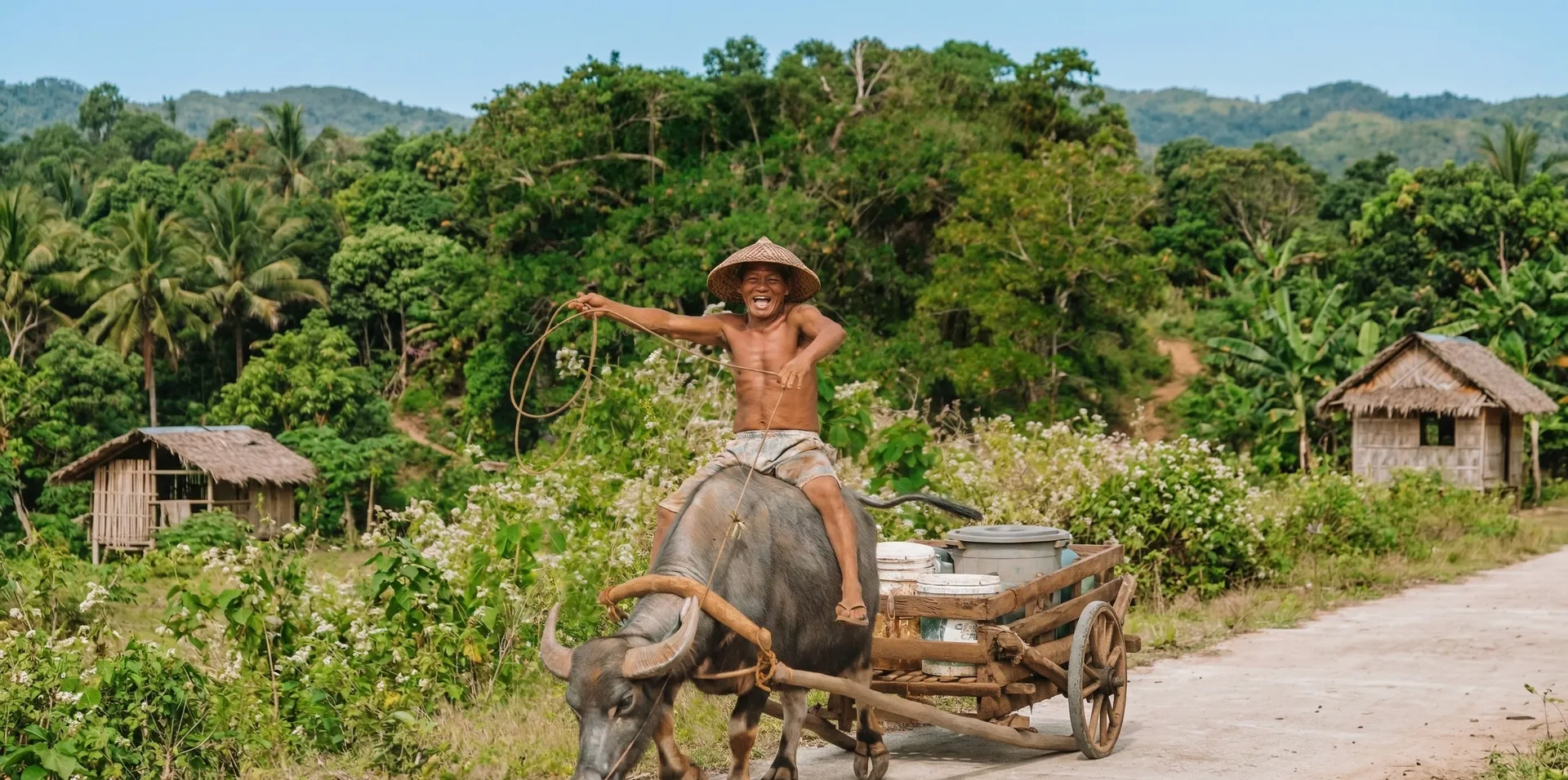 Carabao water buffalo in the green rice fields of inland Siargao