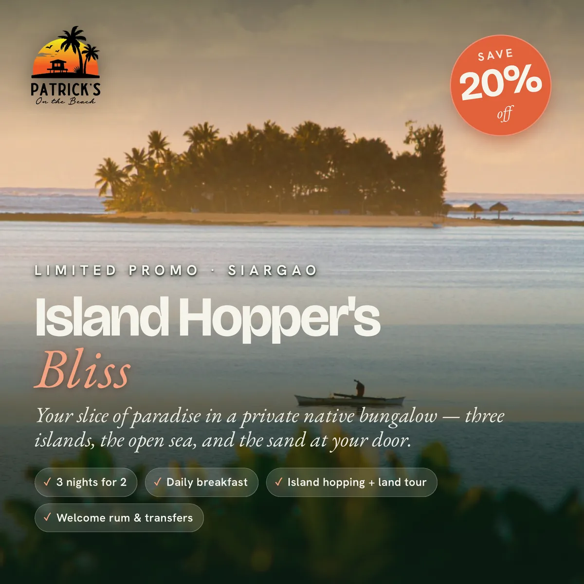 Island Hopper's Bliss package: the Superior Beachfront Cottage at Patrick's on the Beach, Siargao
