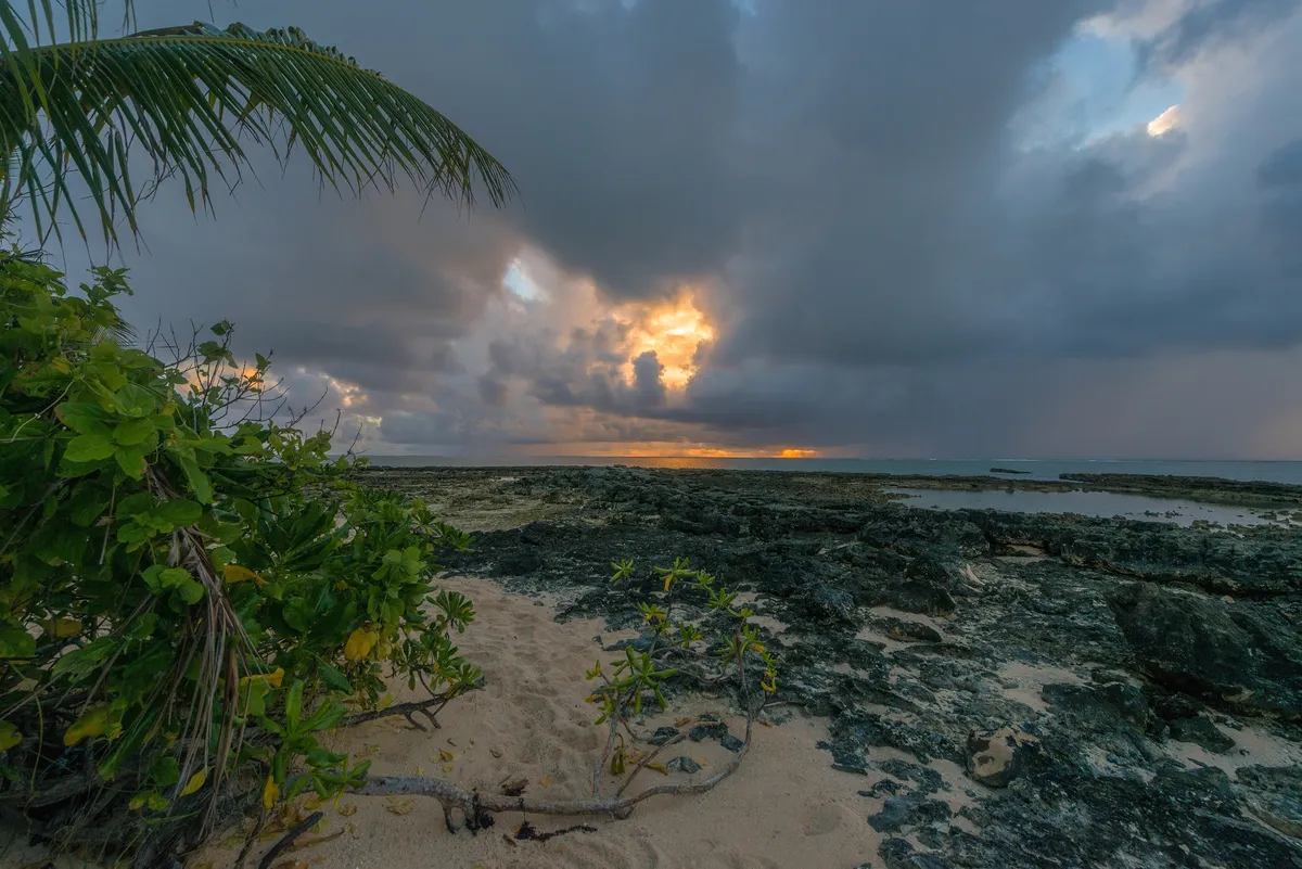 Sunrise over the rocky reef shelf at Guyam Island, a short boat ride from Patrick's