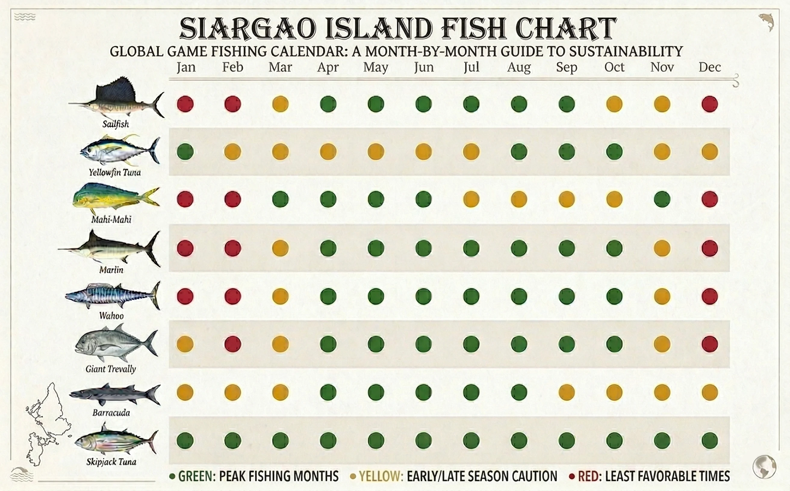 Siargao Island fish chart: game fishing calendar showing peak season for each species month by month