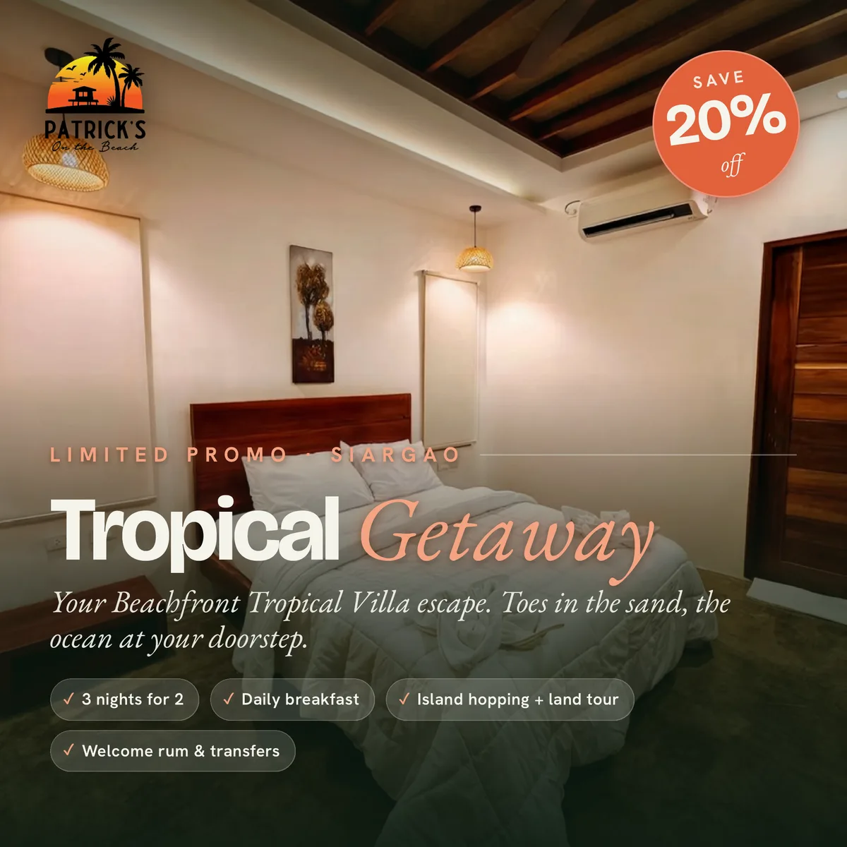 Tropical Getaway package: the Beachfront Tropical Villa at Patrick's on the Beach, Siargao