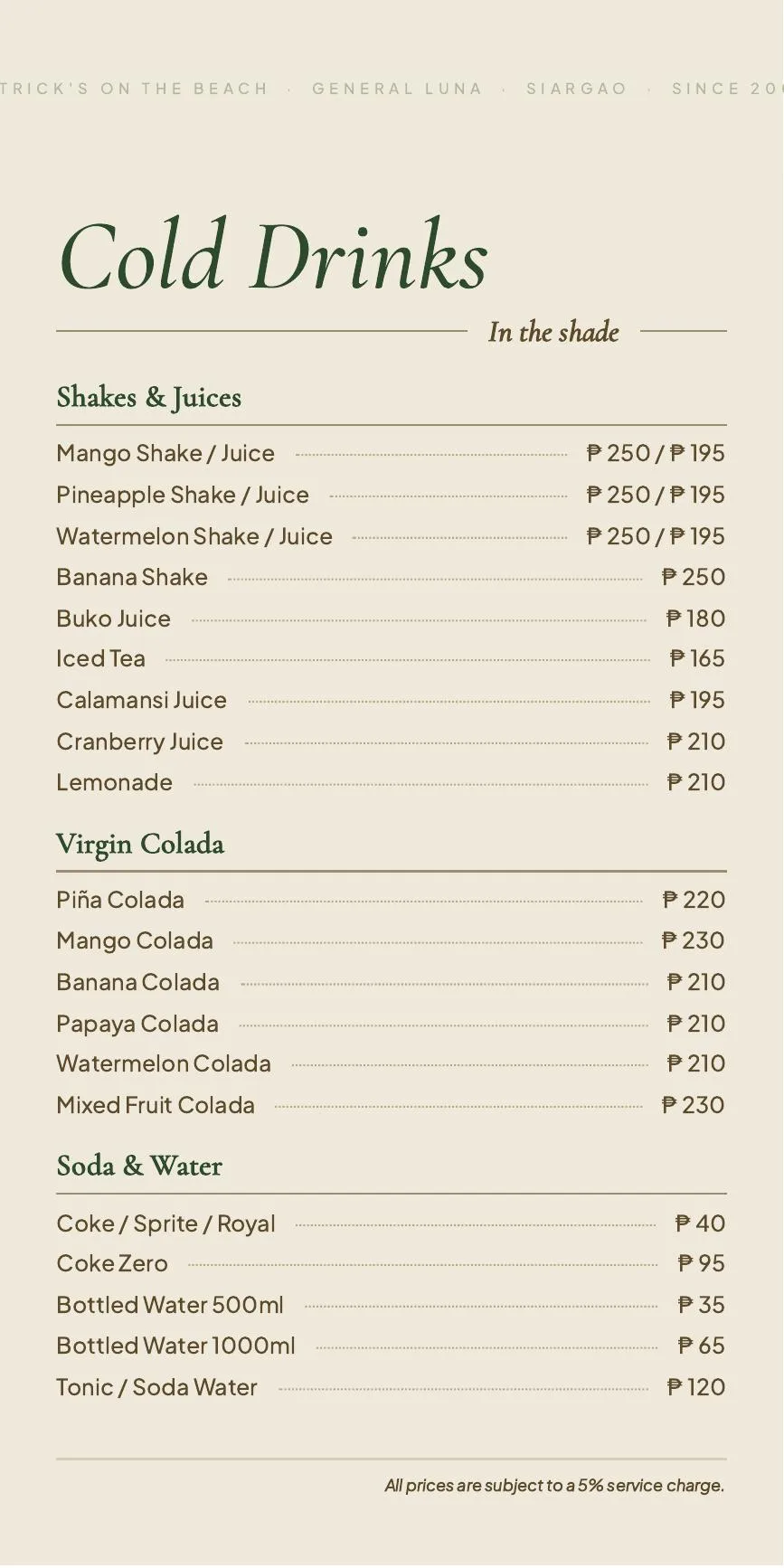 Drinks Menu page 1 of 4, Patrick's on the Beach, Siargao