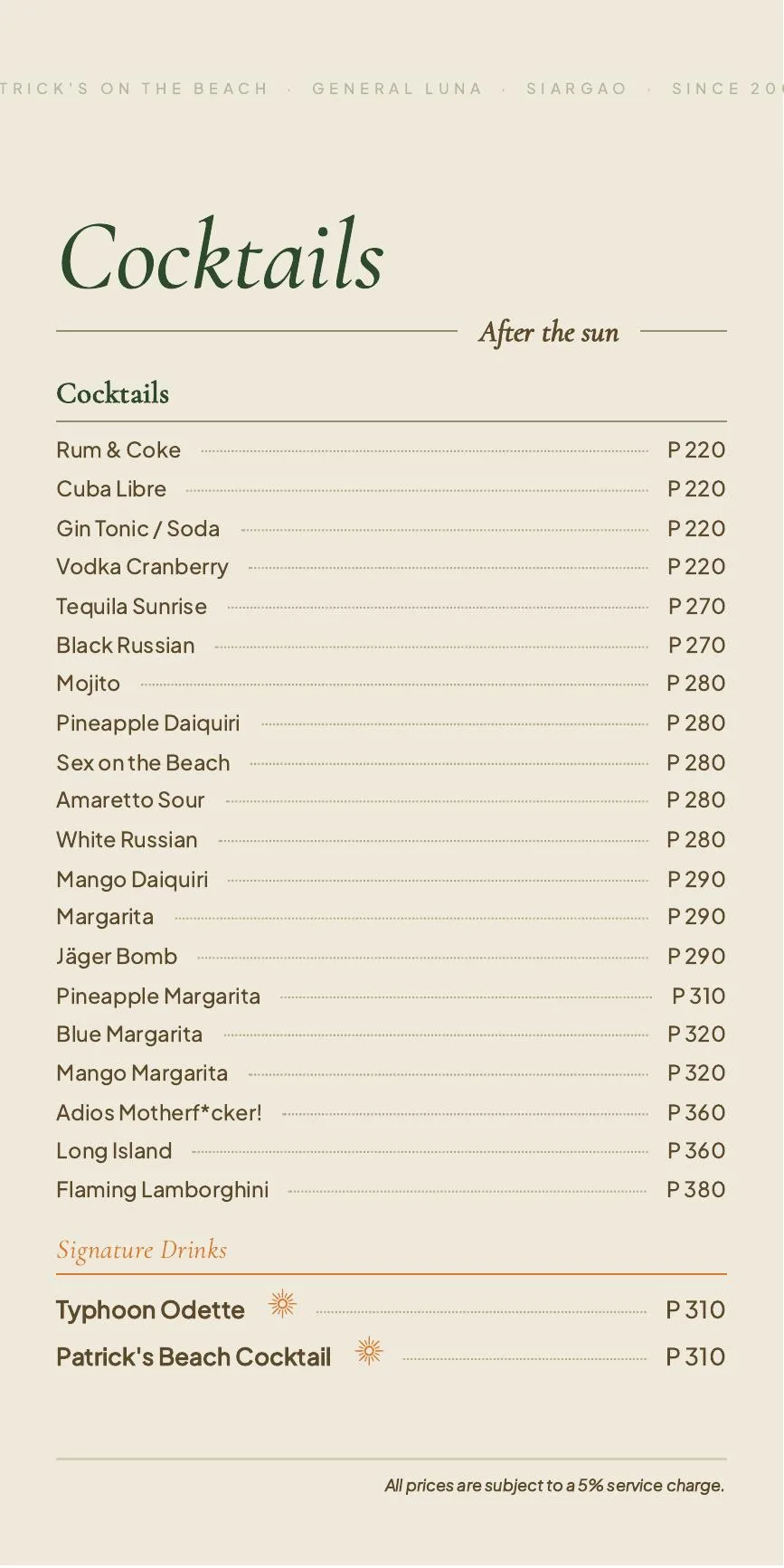 Drinks Menu page 3 of 4, Patrick's on the Beach, Siargao