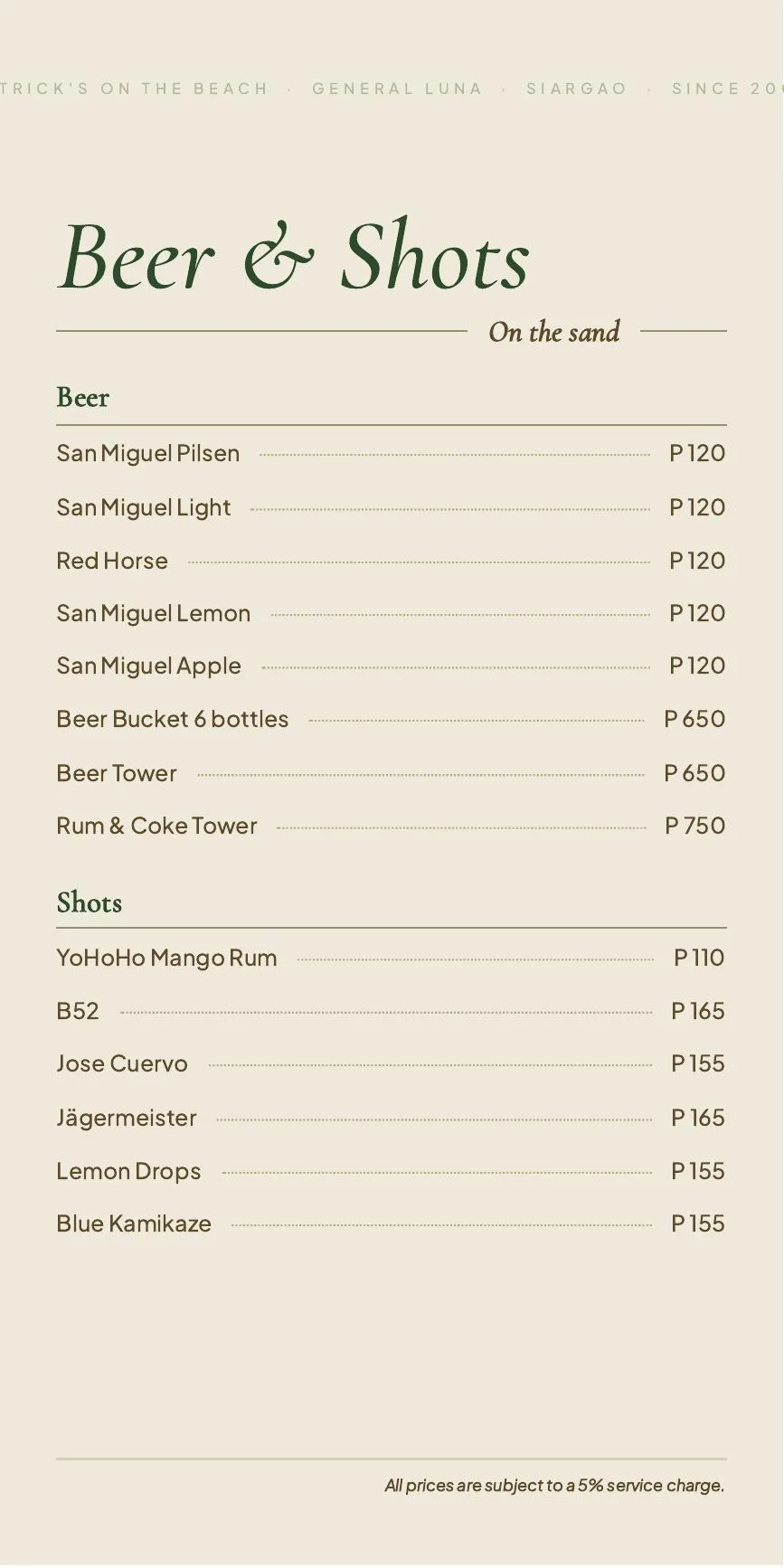 Drinks Menu page 4 of 4, Patrick's on the Beach, Siargao