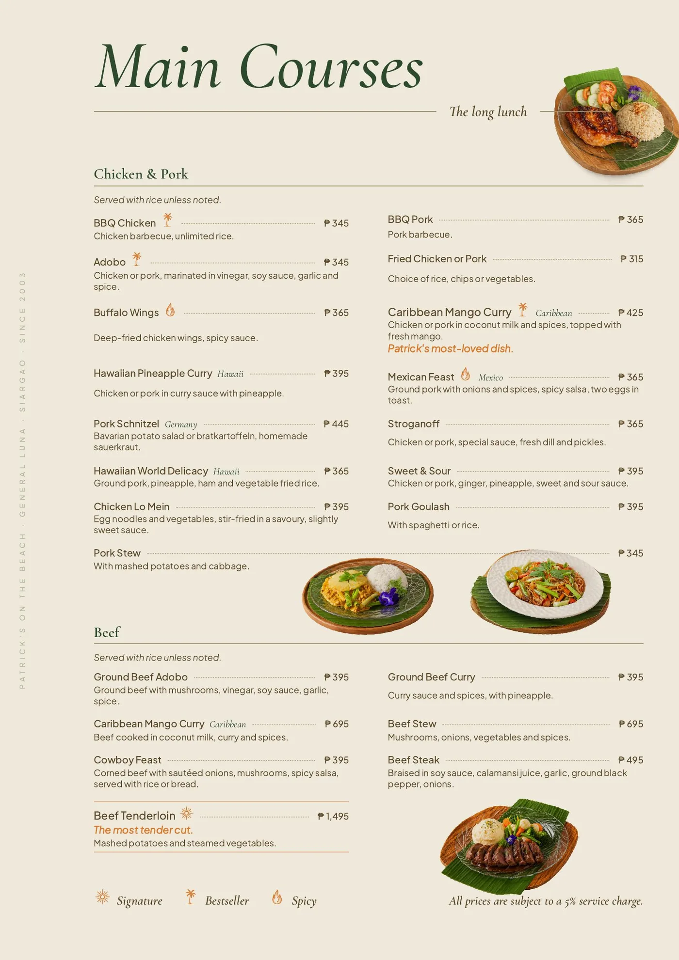 Restaurant Menu page 2 of 5, Patrick's on the Beach, Siargao