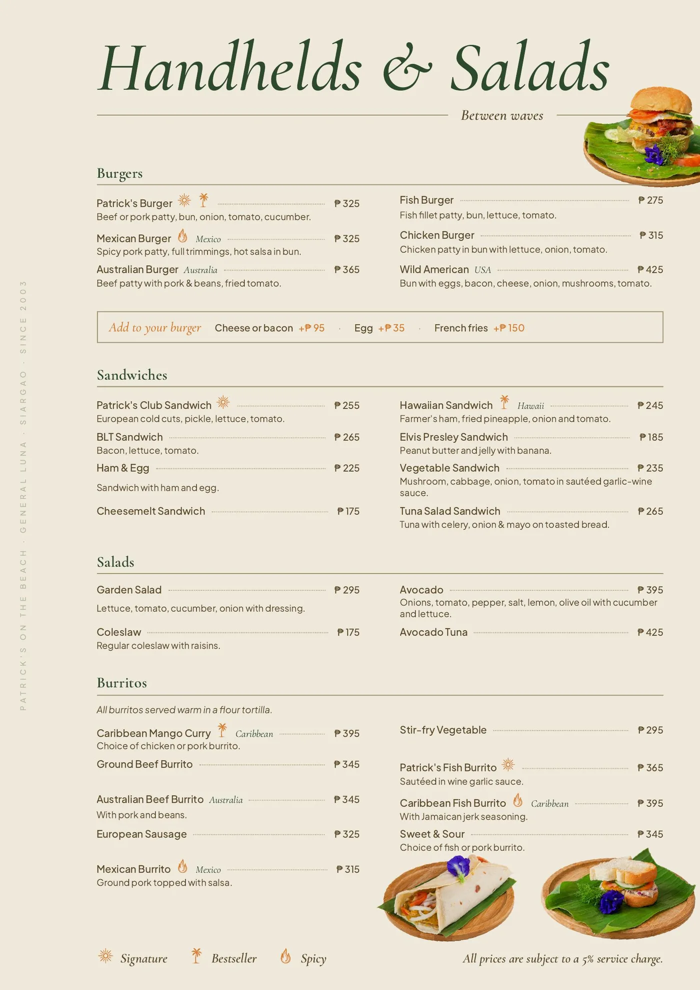 Restaurant Menu page 4 of 5, Patrick's on the Beach, Siargao