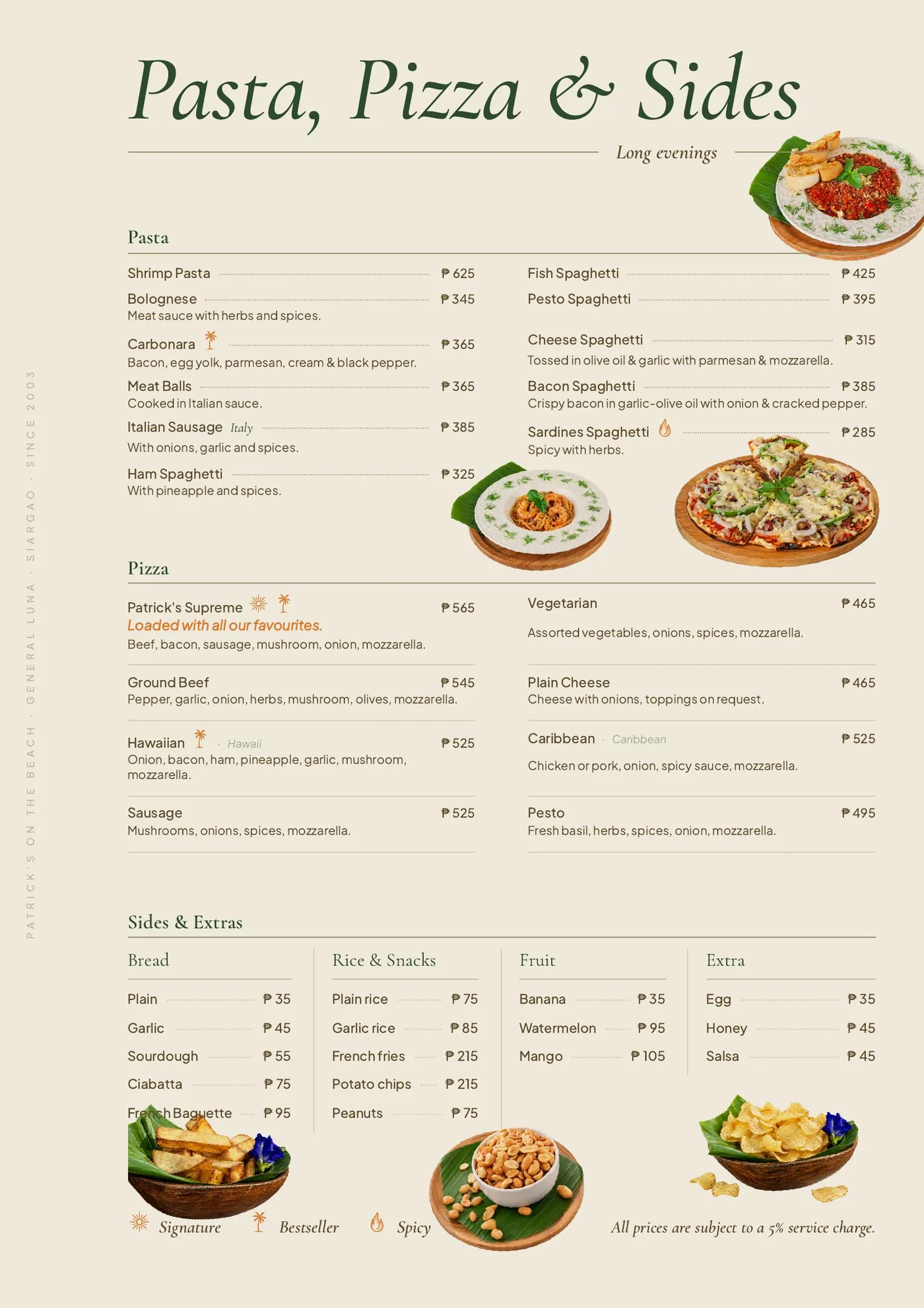 Restaurant Menu page 5 of 5, Patrick's on the Beach, Siargao